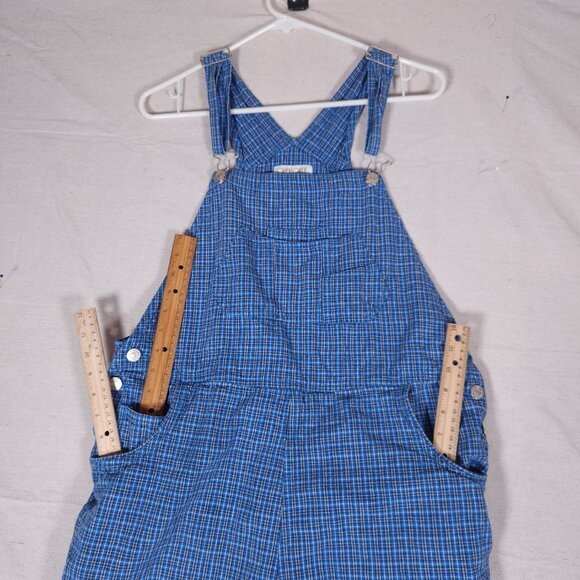Cherokee Linen Blend Blue Plaid Shortalls Womens XL Pockets Cottagecore Overalls - Picture 12 of 16